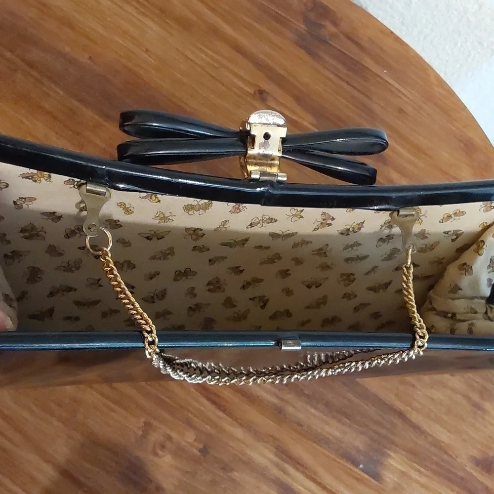 Vintage Black VINYL RETRO Bow Clutch evening bag Gold strap Sleek elegant